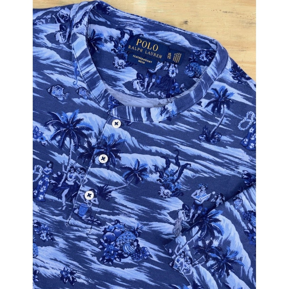 Polo Ralph Lauren Featherweight Mesh Henley Shirt XL Blue‎ Tropical Hawaiin Pony